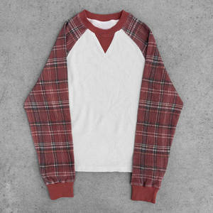 Mens Custom Waffle Knit Long Sleeve T <b>Shirt</b> <b>Patchwork</b> Plaid Flannel Streetwear Two Color Cotton Tee - Product Image 2