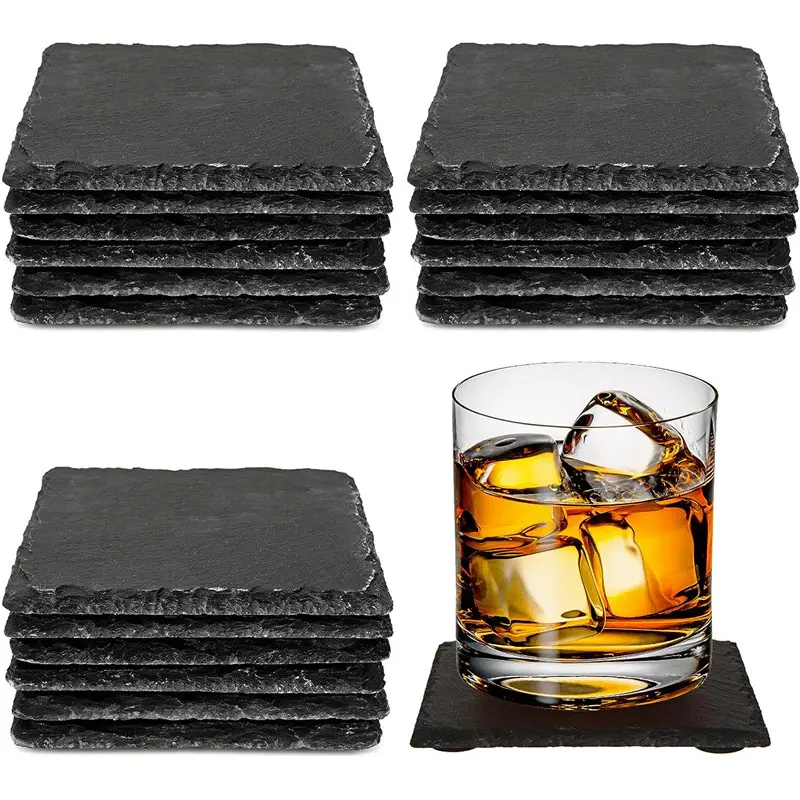 Wholesale Custom Black Slate Coaster Factory Price Slate Stone Coasters Customized Square Round Slate Coasters Set For Drink