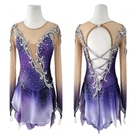 Robe de patinage artistique pour enfants, dégradé violet, dos ajouré, manches longues, maille ornée de strass, jupe asymétrique, pour spectacle sur scène