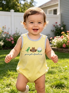 SR4105 rts Robe jaune pour bébé avec chapeau brodé, barboteuse sans manches en coton et élasthanne pour bébé, vente en gros - Product Image 5