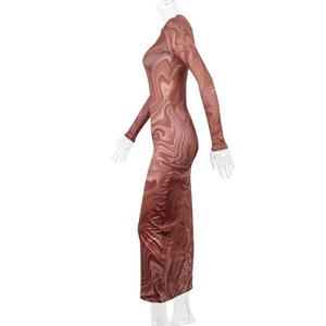 Robe longue décontractée et sexy à col rond et manches longues, imprimée, ajustée et élastique, collection automne, conçue sur mesure par un créateur de mode - Product Image 5
