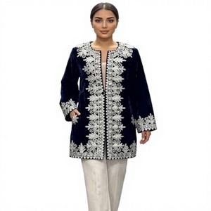 Elegant Navy Velvet Embroidered <b>Jacket</b> With White Thread Work Full Sleeve Loose Fit Midi Length Formal Wear - Product Image 1