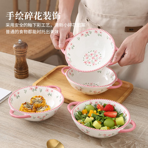 Bol à nouilles instantanées en céramique de 6 pouces pour la maison et le commerce, motif floral frais, anti-brûlure, à double poignée, créatif, vente en gros - Product Image 1