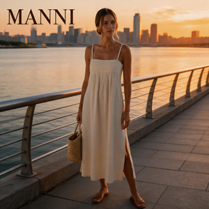 Robe en lin bohème méditerranéenne à fines bretelles, froncée sur le côté, fluide, élégante, pour les vacances à la plage, style boutique pour femme - Product Image 1