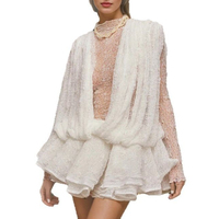 Robes mini chic et transparentes en trois pièces pour femmes, hauts sexy à col rond et manches longues, shorts, tenue de luxe transparente pour célébrités, anniversaire
