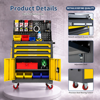 Chariot à outils mobile à trois tiroirs, porte, étagère réglable, panneau perforé, verrouillable, OEM ODM, pour garage, atelier, réparation