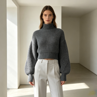 Pull en maille plate à manches longues pour femme Mandy, personnalisable OEM & ODM, pull gris de haute qualité, vente en gros, vêtements semi-cardigan