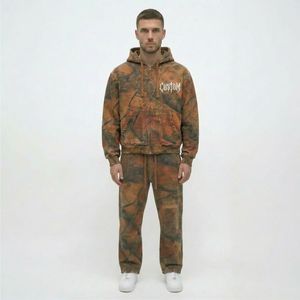 Custom <strong>Orange</strong> Tree Camo Zip Up <strong>Hoodie</strong> <strong>Men</strong> Heavyweight Acid Wash Distressed Raw Hem Carpenter Tracksuit Vintage Streetwear Set - Product Image 1