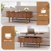 Table basse ovale extensible moderne AJUNION en bois massif avec 3 compartiments de rangement pour salon - Vente en gros