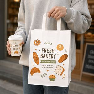 Bolsas de Papel para Panadería con Logotipo Personalizado, Asas Planas, Grado Alimenticio, para Pan y Pasteles, Embalaje para Llevar, Reciclables, Venta al Por Mayor, OEM, ODM - Product Image 4