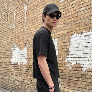 TKAN6858 Men's Heavyweight Studded Neck Washed 100% Cotton O-Neck Solid Color Vintage Black Loose Fit Short Sleeve T-Shirt - Product Image 2