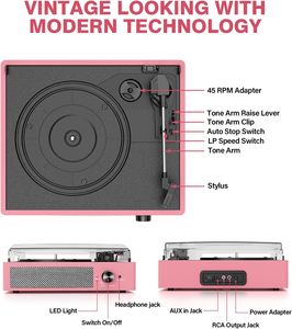 Tourne-disque <span class=keywords><strong>vinyle</strong></span> avec 2 haut-parleurs stéréo, entraînement par courroie, 3 vitesses, 3 tailles, sans fil, pour entrée AUX, RCA, casque, arrêt automatique - Product Image 2