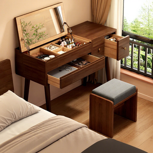 Modern Oak Wood Makeup Vanity Desk Flip- Lighted Standing Mirror LED Display Storage Drawers Floor Mount for Bedroom