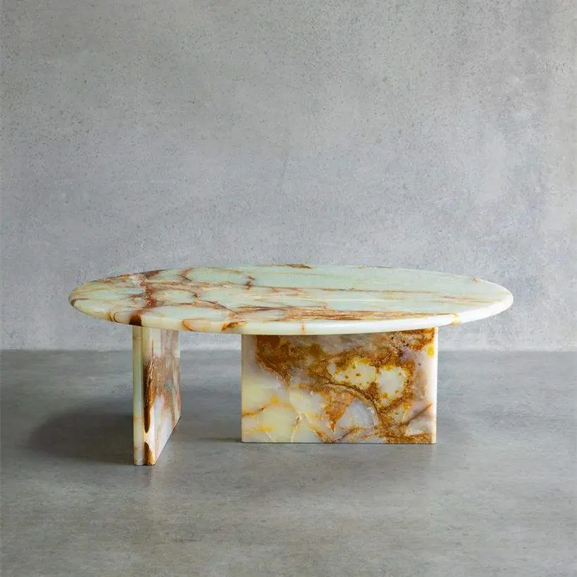 Shihui Modern Design Ronde Thee Eettafel Luxe T Frame Licht Groen Onyx Marmeren Salontafel