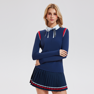 Abbigliamento da <span class=keywords><strong>Tennis</strong></span> Sportivo con Colletto a Risvolto e Mezza Cerniera, <span class=keywords><strong>Magliette</strong></span> a Maniche Lunghe da Donna per Yoga e Golf con Fiocco - Product Image 2