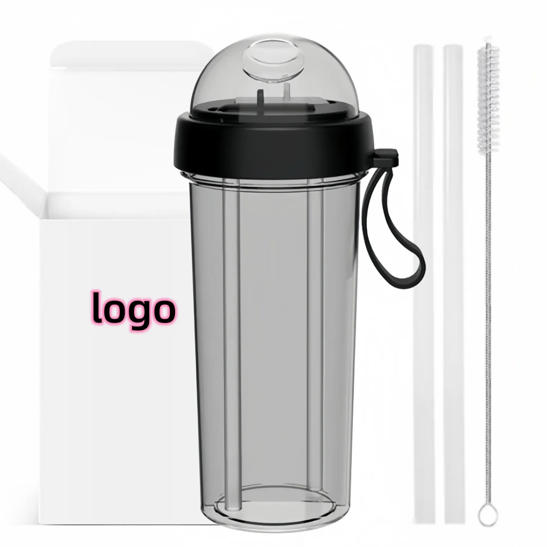 Sıcak satış 420ml/600ml çift içme fincan plastik su şişesi 2 parça ve katlanabilir payet ile özelleştirilebilir logo