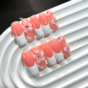 Ongles à presser faits main en forme de bec de canard, 10 pièces, longs, forme cercueil, <span class=keywords><strong>rose</strong></span> néon, français, avec diamants, en acrylique - Product Image 5