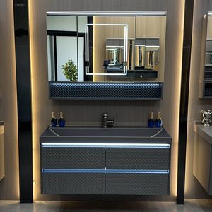 Hotel style seamless rock slab integrated basin intelligent folding mirror <b>cabinet</b> <b>wall</b> <b>mounted</b> bathroom <b>cabinet</b> - Product Image 2