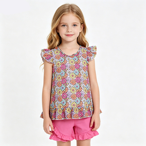 Toddler Girls Floral Short Set, Floral Print <b>Flutter</b> <b>Sleeve</b> <b>Top</b> with Pink Ruffle Shorts, Kids Summer Casual Outfit - Product Image 5