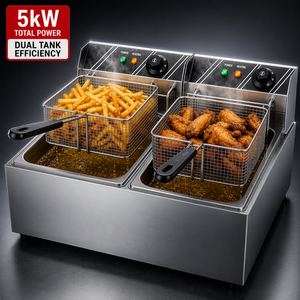 Friteuse électrique double cuve en acier inoxydable de qualité alimentaire durable 5KW, friteuse de comptoir avec paniers amovibles pour hôtel et cantine - Product Image 1