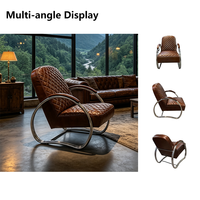 Fauteuil d'appoint moderne rétro en cuir véritable avec structure métallique, canapé individuel marron à motif losanges, fauteuil de loisirs pour salon