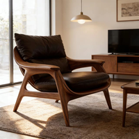 Fauteuil de loisir en bois massif, fauteuil lounge en cuir véritable, style design, salon, hôtel, balcon, canapé simple de luxe