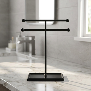 Porte-serviettes double minimaliste en métal noir sur pied à 2 barres pour salle de bain - Product Image 3