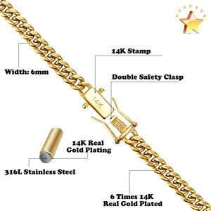 Cadena de Eslabones Cubanos Estilo Miami de 6mm Chapada en Oro Real de 14K, Collar Sólido de Acero Inoxidable <span class=keywords><strong>316L</strong></span> para Hombres y Mujeres (Regalo de Navidad o Cumpleaños) - Product Image 2