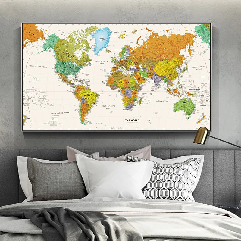 Retro mappa del mondo su tela pittura poster e stampe immagini a parete per soggiorno mappa arte decorazione della casa senza cornice