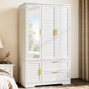 Armario Moderno SENYU Blanco con Puerta con Espejo y 2 Cajones, Estilo Persiana, Mueble de Dormitorio con Gran Capacidad de Almacenamiento - Product Image 1