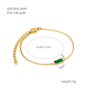 エレガントなステンレス鋼ジュエリーセットPVD 14K金メッキバゲットエメラルドストーンネックレスブレスレットリング女性ジュエリーセット - Product Image 6