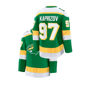 Chemises pour hommes Minnesota Wild Kaprizov 97 Hockey sans col, décontractées, respirantes, imprimées, vert, jaune, blanc, pour l'hiver - Product Image 1