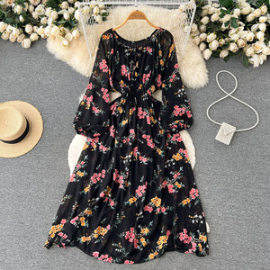 Grazioso <span class=keywords><strong>abito</strong></span> a maniche lunghe estivo da donna in stile francese vita dolce floreale <span class=keywords><strong>abito</strong></span> da tè con stampa <span class=keywords><strong>abito</strong></span> lungo floreale floreale - Product Image 2