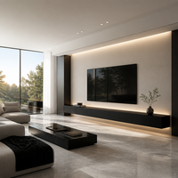 Meuble TV mural flottant noir mat moderne, console multimédia de luxe avec éclairage LED, mobilier minimaliste pour salon CE