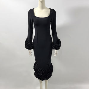 C3724 stile europeo a <span class=keywords><strong>maniche</strong></span> <span class=keywords><strong>lunghe</strong></span> da donna a maglia abito <span class=keywords><strong>Midi</strong></span> <span class=keywords><strong>nero</strong></span> elegante da sera da donna - Product Image 6