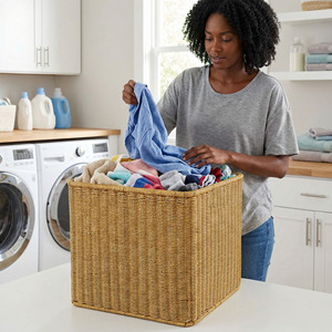 Rattan Storage <b>Basket</b> <b>Large</b> Rectangle With Handle For Clothes Organizing Home Use - Product Image 1