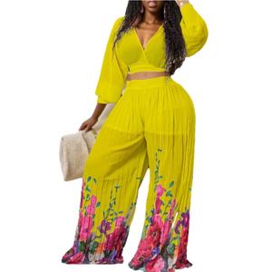 Conjunto de Dos Piezas de Alta Calidad para Mujer, Top Corto Informal con Estampado Floral y Pantalones Anchos, Moda Femenina - Product Image 1