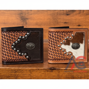 Cartera plegable tallada de vaquero hecha a mano Floral para hombre, tarjetero de piel de vaca occidental informal de lujo de cuero con pelo largo - Product Image 1