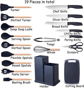 Ensemble d'ustensiles de cuisine en silicone 19 pièces avec manche en bois, outils de cuisson, couteau, planche à découper, seau de rangement, ensemble d'accessoires de cuisine - Product Image 5