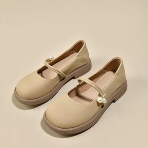 Elegant Beige Faux Leather Flat <b>Sandals</b> With Pearl Decoration Round Toe Buckle Closure All Seasons Women Shoes Drop Shipping - Product Image 1