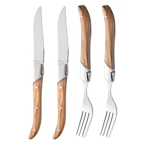 हॉट-सेलिंग वेस्टर्न किचन स्टेक चाकू और फोर्क सेट स्टेनलेस स्टील ठोस लकड़ी के चाकू 4 इंच