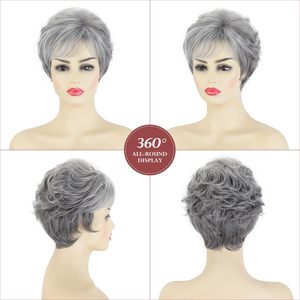 Perruques courtes grises pour femmes blanches, coupe pixie, perruques grises avec <span class=keywords><strong>frange</strong></span>, <span class=keywords><strong>cheveux</strong></span> synthétiques bouclés naturels, perruque courte mixte blanche - Product Image 3