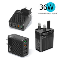 Adaptor Pengisian Cepat 36W 2USB 2 Port Tipe-C dengan Perlindungan Sirkuit Pendek untuk Android/iOS Colokan US/UK/EU Input 0.5A