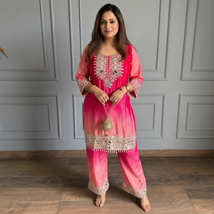 Conjunto de Kurti, Palazzo y Sarara de Seda Chiffon con Bordado de Espejos, Ropa Étnica Tradicional India para Mujer, Venta al por Mayor, Vestido para Fiestas - Product Image 1
