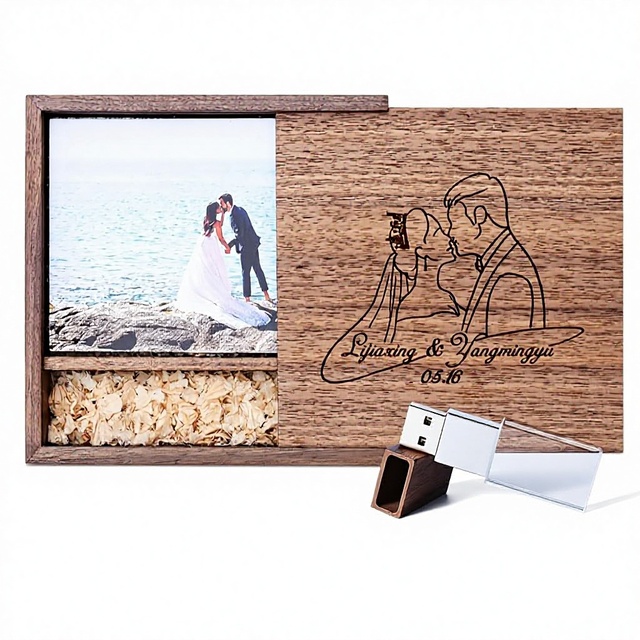 16GB Custom Crystal USB 3.0 Flash Drive with Wooden Album Box-Personalized Engraving/Printing for Weddings Birthdays Photography