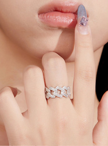 S925 Sterling <b>Silver</b> Moissanite Paved Cuban Link <b>Ring</b> Hip Hop Interlocking Chain Stackable Finger Jewelry For <b>Men</b> Women - Product Image 5
