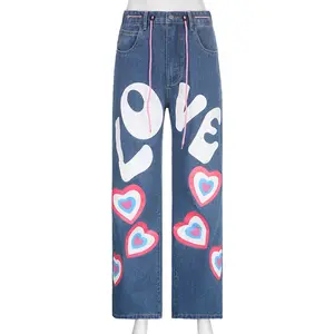 Ghost horse girl color bump love graffiti print jeans larghi mop pantaloni a gamba larga