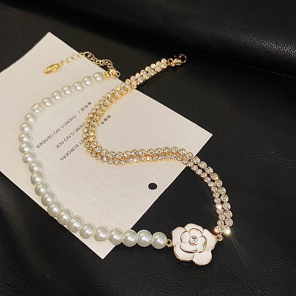 Vershal B-67 New Arrival 18k Gold Plated Pearl Beads CZ Tennis Enamel Rose Choker Necklace