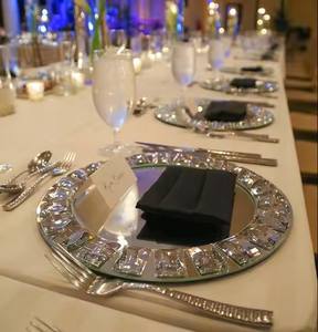 Placas de cargador de vidrio con cuentas de cristal acrílico Placa redonda Placas de cargador de vidrio con espejo plateado Lugar para bodas Eventos - Product Image 2