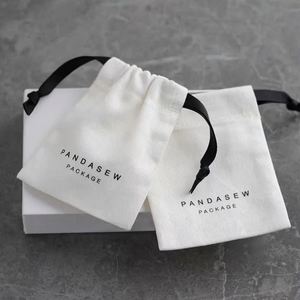 Custom Logo Screen Printed Recyclable Organic Cotton Jewelry Gift <b>Drawstring</b> Bags for Rings <b>Bracelets</b> & Earrings - Product Image 1